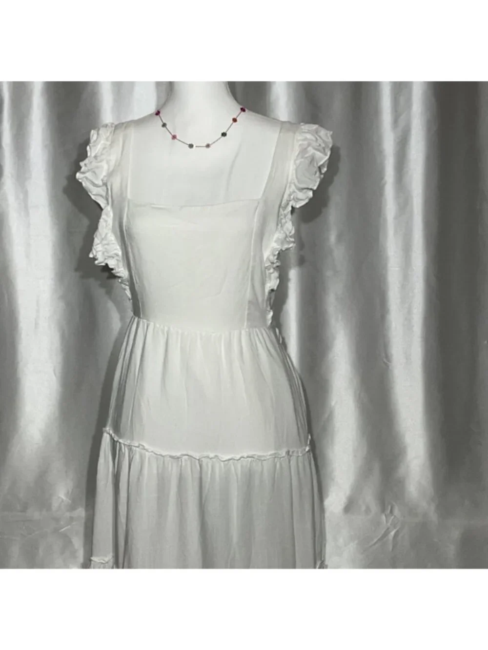 White Ruffle Sleeve Tiered Maxi Dress With Square Neckline size L - Picture 5 of 11